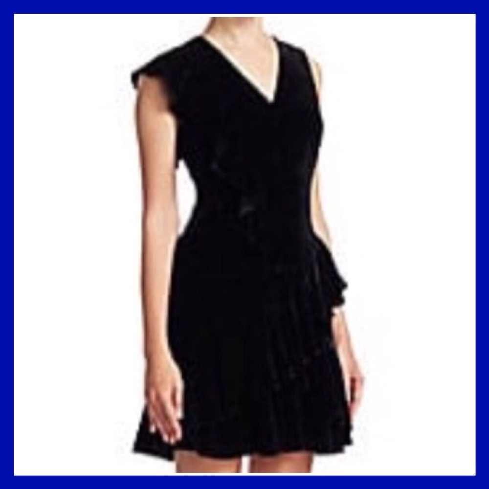 Scripted Black Velvet mini dress ruffle detail